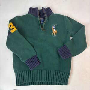 Polo Ralph Lauren Kids Big Pony 1/4 Zip Sweater Navy Blue And Green Size 6